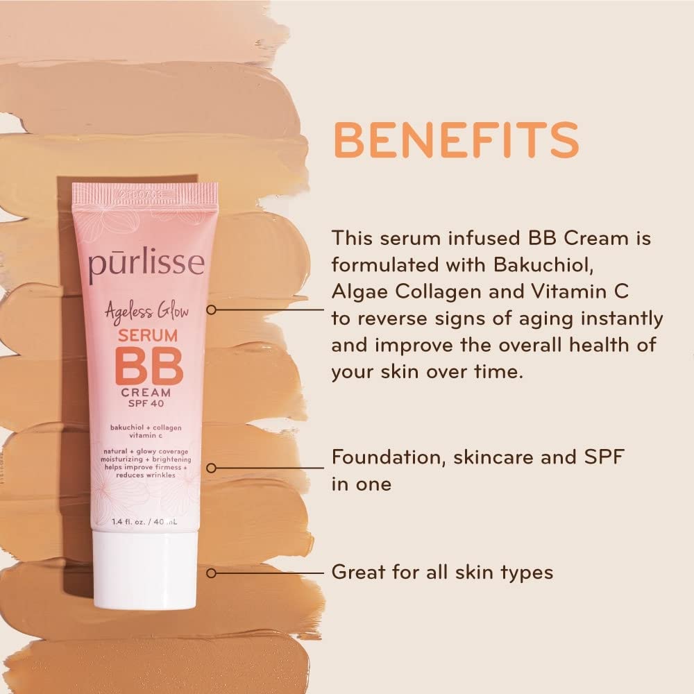 purlisse Ageless Glow Serum BB Cream SPF 40 - Glow BB Cream with SPF Enriched with Bakuchiol & Vitamin C to Help Improve Firmness & Reduce Wrinkles for Dewy Skin - Medium Warm (1.4 oz)