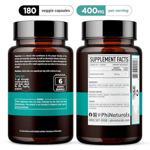 Magnesium Citrate Powder Capsules 400mg - 180 Count Veg Caps - PhiNaturals Supplements - Nervous System Support and Enzyme Function