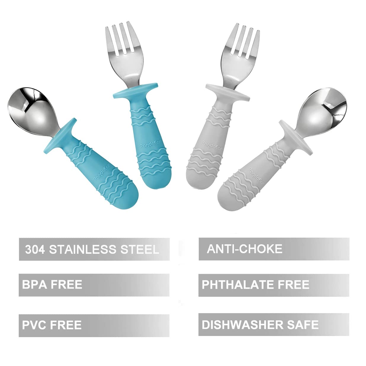 PandaEar 4 Set Baby Toddler Silicone Stainless Steel Utensils Silverware Spoon Fork for Baby Toddler BPA Free with Silicone Holding Anti-Choke Design (Blue&Grey)
