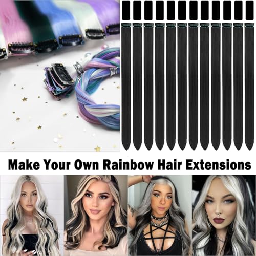Olldag 12 PCS Black Hair Extensions Clip in, 22 Inch Colored Hair Extensions Party Highlights Long Straight Synthetic Hairpieces for Women Kids Girls