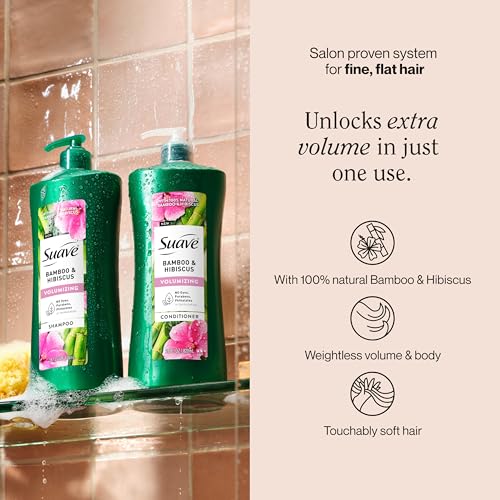 Suave Bamboo & Hibiscus Volumizing Conditioner, for Fine and Flat Hair, Salon Proven System for Boosting Hair Volume and Body, 28 oz, 4 Pack