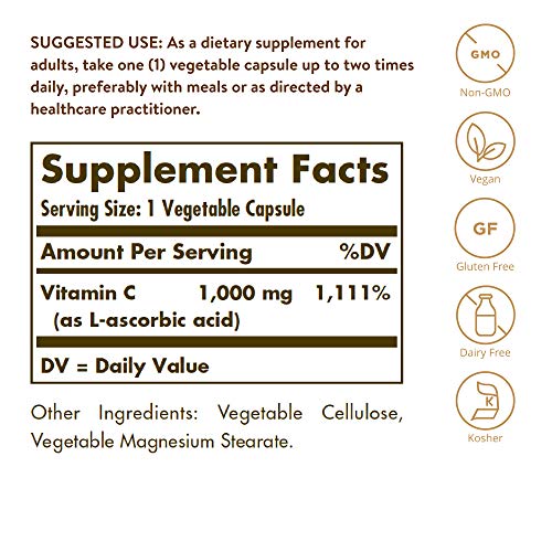 Solgar Vitamin C 1000 mg, 250 Vegetable Capsules - Antioxidant & Immune Support - Overall Health - Healthy Skin & Joints - Bioflavonoids Supplement - Non GMO, Vegan, Gluten No, Kosher - 250 Servings