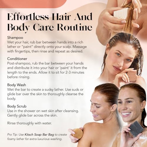 Kitsch 4pc Set - Rice Water Shampoo & Conditioner Bar, Charcoal Body Soap & Sugar Scrub Bar, Solid Bars with Castor Oil & Coconut Oil, Vegan, Paraben-Free, Hair & Body Care