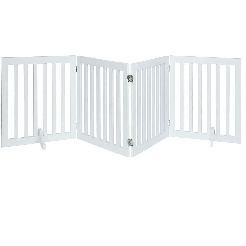 unipaws 24”H Free Standing Pet Gate for Dog Cat, Wooden Dog Gates for Doorway, Stairs, Step Over Foldable Pet Fence for The House, Expandable Dog Barrier, Indoor Use, White