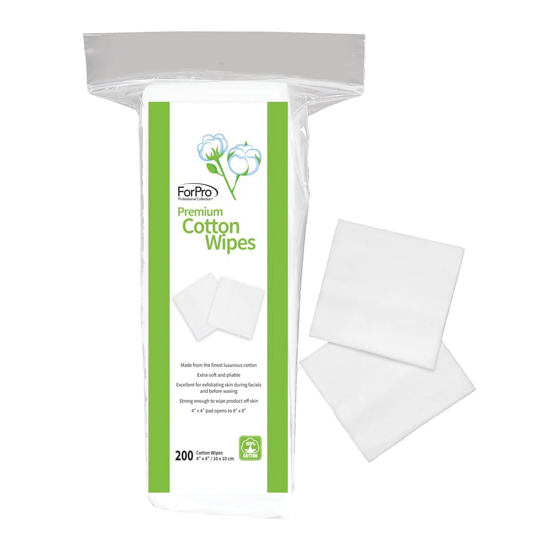 ForPro Premium Cotton Wipes, 100% Cotton, Extra-Soft, for Cosmetic, Nail, and Personal Care, 4ââ‚¬Â x 4ââ‚¬Â, 200-Count