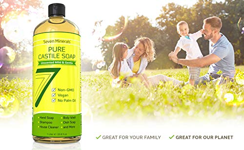 Seven Minerals, EWG Verified Castile Soap 33.8 fl oz - No Palm Oil, GMO-Free - Unscented Mild & Gentle Liquid Soap For Sensitive Skin & Baby Wash - All Natural Vegan Formula with Organic Carrier Oils