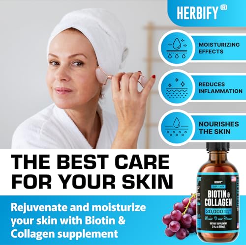 HERBIFY Collagen and Biotin Liquid Drops - Faster Absorption Joint Health Supplement for Hair Growth and Stronger Nails - Hair Skin and Nails Vitamins for Women and Men - B7 Supplement - Made in USA