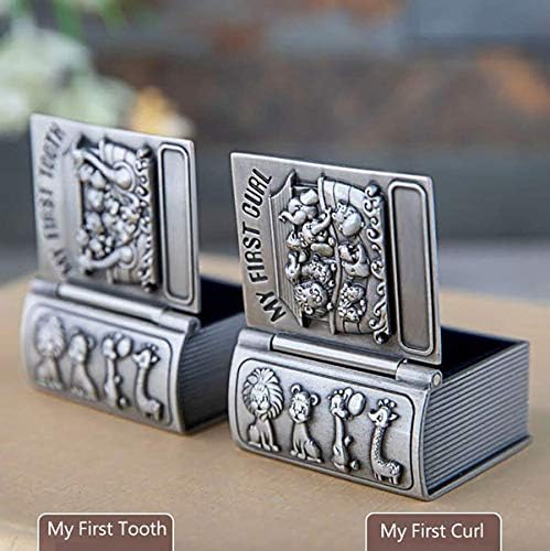 First Curl and First Tooth Keepsake Box for Kids Metallic Engraved Cute Shape, Silver Tooth Holder, Tooth Collection Organizer, Great Gift Idea for Babies to Keep The Childhood Memory (Book)