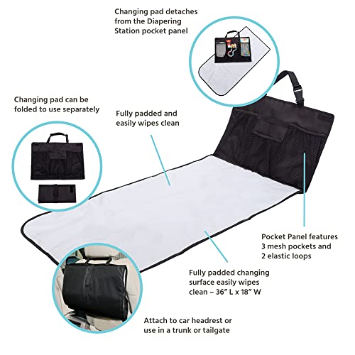 J.L. Childress Pockets 'N Pad Portable Diaper Changing Station for Your Car - Detachable, Foldable, Extra-Large, Extra-Long Changing Pad for Travel, 36 x 18 - Storage Pockets- Black