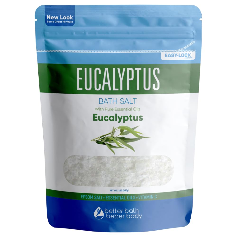 Eucalyptus Bath Salt 32 Ounces Epsom Salt with Natural Eucalyptus Essential Oil Plus Vitamin C in BPA Free Pouch with Easy Press-Lock Seal