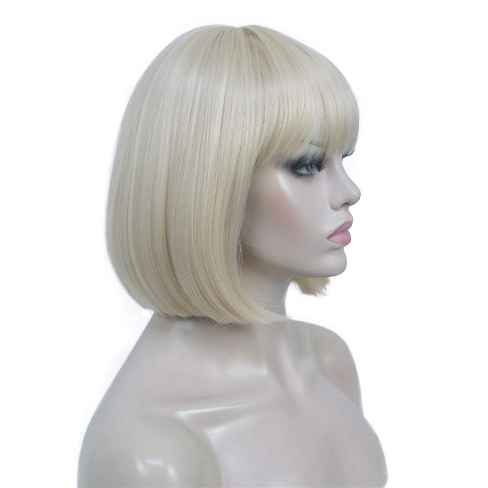 Aimole Short Straight Bob Wig Cute Flat Bangs Synthetic Full Women Wigs(613-Pale Blonde)