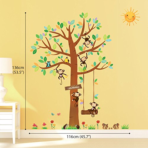 DECOWALL SG-1401P1402 9 Little Monkeys Tree and Height Growth Chart Kids Wall Stickers Wall Decals Peel and Stick Removable Wall Stickers for Kids Nursery Bedroom Living Room