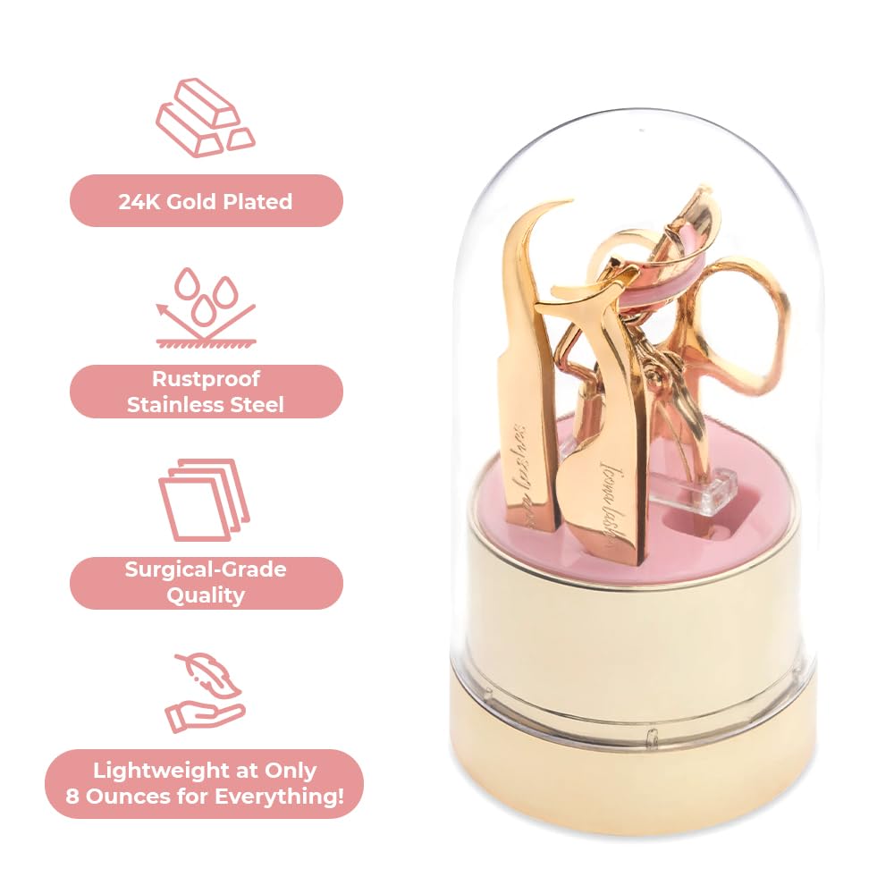 False Eyelash Tool Kit | Lash Applicator, Tweezers, Scissors & Lash Curler | 24k Gold Plated Surgical Grade Stainless Steel | 4 Tools, Beautifully Gift Boxed by Icona Lashes