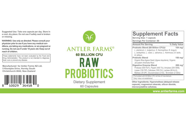 Antler Farms - Raw Probiotics for Digestive Health 60 Billion CFU, 60 Capsules - Prebiotics & Probiotics with Digestive Enzymes, 100% Vegan, Non-GMO, Shelf-Stable for Women & Men