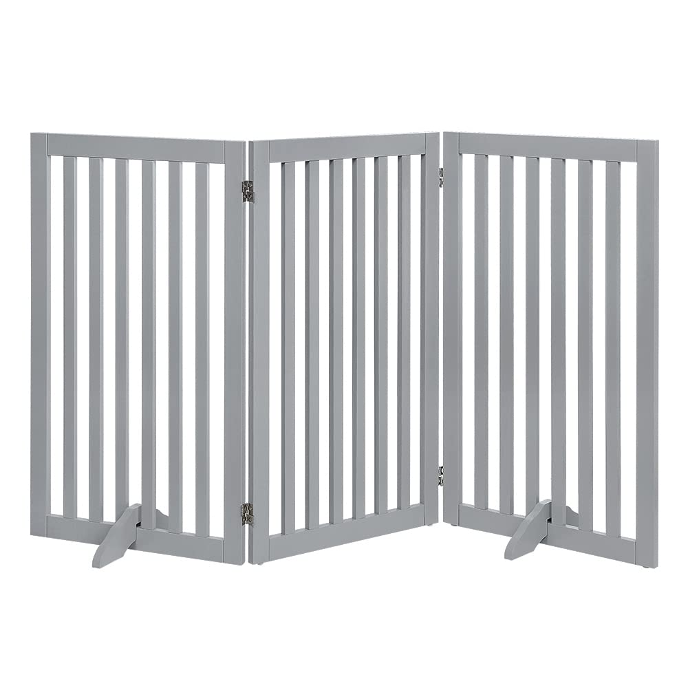 Unipaws Indoor 3 Panels Classic Freestanding Wooden Foldable Pet Gate with Support Feet - Grey, 20 W x 36 H