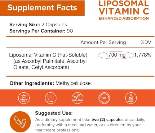 NutriFlair Liposomal Vitamin C 1700mg, 180 Capsules - High Absorption, Fat Soluble VIT C, Antioxidant Supplement, Higher Bioavailability Immune System Support & Collagen Booster, Non-GMO, Vegan Pills