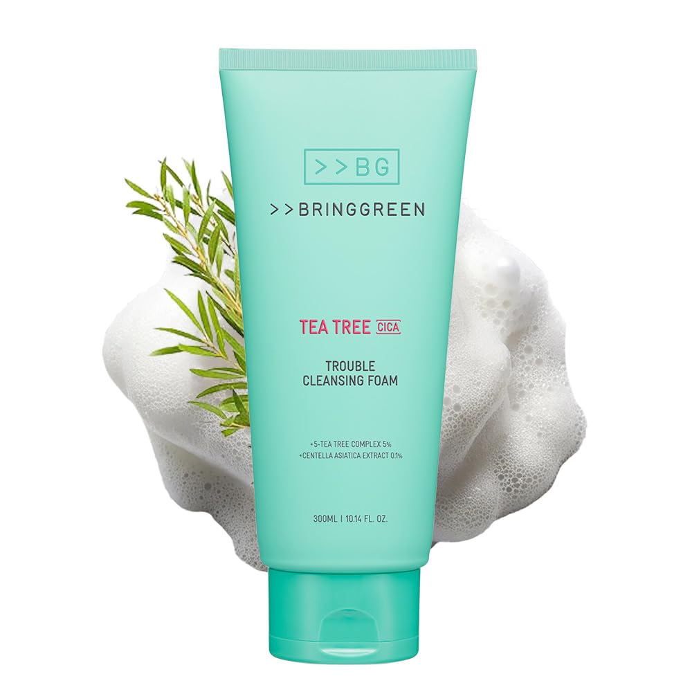 BRING GREEN Tea Tree Cica Trouble Cleansing Foam | Mild Cleanser for Exfoliation, Removes Blackheads, Whiteheads, Facial Residue, for Trouble, Irritated, Sensitive Skin (10.1 Fl. Oz., 300ml)