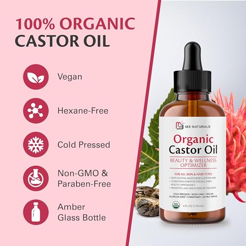 M3 Naturals 100% Pure Organic Castor Oil for Hair Growth, Face and Body Care | Hexane-Free, Cold Pressed, Unrefined in a 4 fl oz (118M) Glass Bottle with Droplet | Promotes Thicker Lashes and Eyebrows
