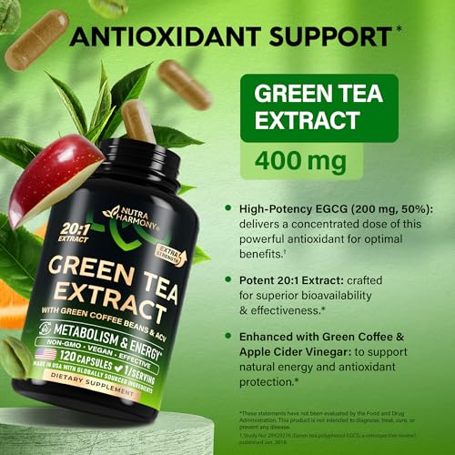 Green Tea Extract Capsules with Green Coffee Beans & Apple Cider Vinegar - Energy & Metabolism Support - Green Tea Supplement 50% EGCG - 20:1 Natural Extract - for Men & Women - 120 Vegan Capsules