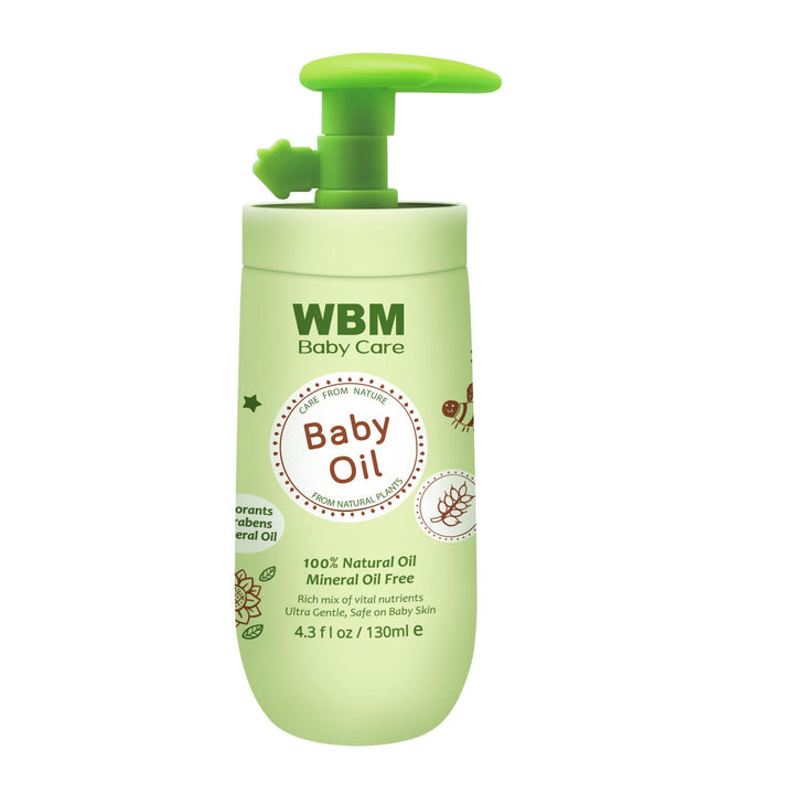 WBM Care Baby Oil, Moisturizing Baby Massage Oil, Mineral Oil Free, Enriched with 100% Natural Ingredients and Vitamin E for Gentle Baby Care - 4.3 fl oz