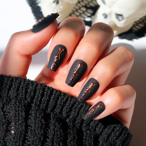 Glamnetic Press On Nails - Rosy Remains | Charcoal Gray 3D Skeleton Medium Coffin Fake Nails with Matte Finish, Salon Quality Halloween Nails | 15 Sizes - 30 Nail Kit with Glue