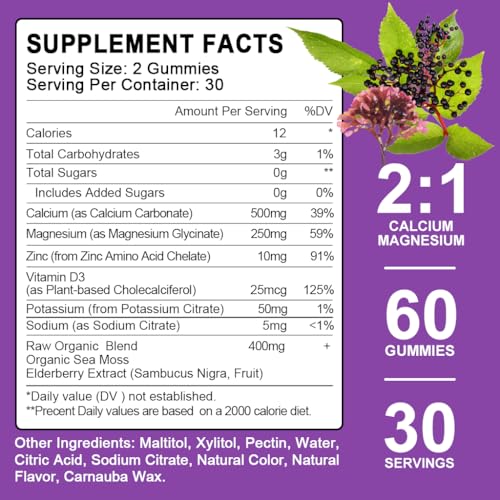 Sugar Free Calcium Magnesium Zinc Gummies with Elderberry and Sea Moss, Calcium Magnesium 2:1, Magnesium Glycinate, Potassium and Vitamin D3 for Bones, Muscles, Calm Mood & Sleep Support, 60 Gummies
