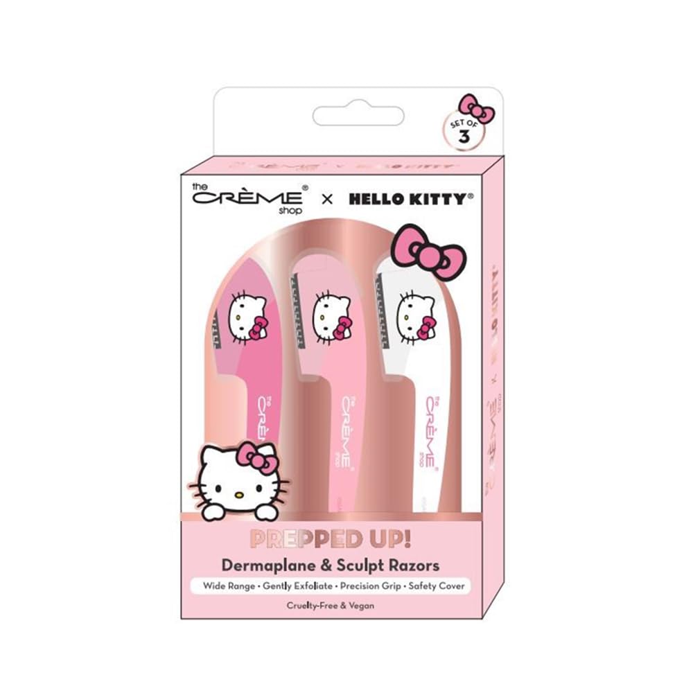 The Crème Shop | Hello Kitty | Prepped Up! Dermaplane & Sculpt Razors | Wide Range | Gently Exfoliate | Precision Grip | Set of 3 | Safety Covers Included! - Pink (3PC)