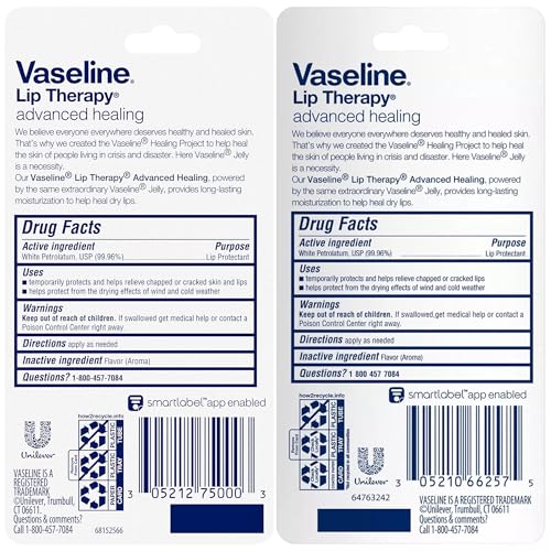Vaseline Lip Therapy Advanced Healing 3-Pack – White Petroleum Moisturizing Lip Balm for Extremely Dry Lips, 0.35 Oz Ea