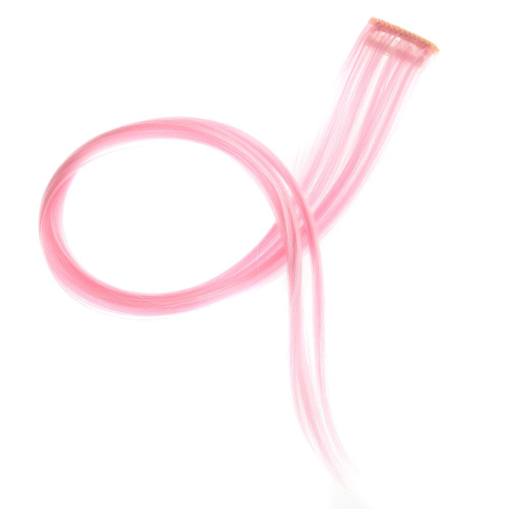 Pink : SWACC 12 Pcs Straight One Color Party Highlights Clip on in Hair Extensions Colored Hair Streak Synthetic Hairpieces (Pink)