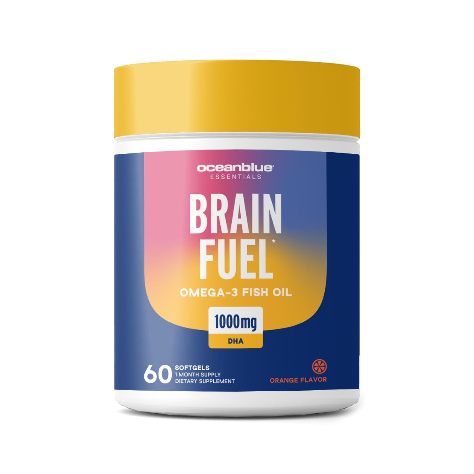 Oceanblue Essentials Brain Fuel – 60ct – Burpless Fish Oil – High Potency Omega-3 DHA for Brain and Eye Support – Easy to Swallow Softgels – Tasty Orange Flavor – 1 Month Supply