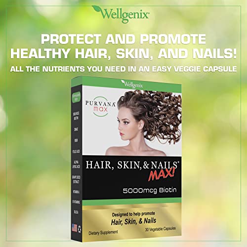 Purvana Max Hair, Skin, and Nails Vitamin - 5000mcg Biotin, Folic Acid, DMAE, Grape Seed Extract - One a Day Vegan Hair, Skin, Nails Support - Promotes Collagen Production - 30 Caps (Pack of 2)