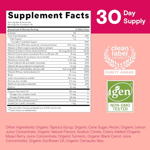 SmartyPants Organic Women's Multivitamin Gummies: Biotin, Methylfolate, Omega 3 (ALA), Vitamin D3, C, Vitamin B12, B6, A, K & Zinc, Inositol, Gluten Free, Vegetarian, 120 Count (30 Day Supply)