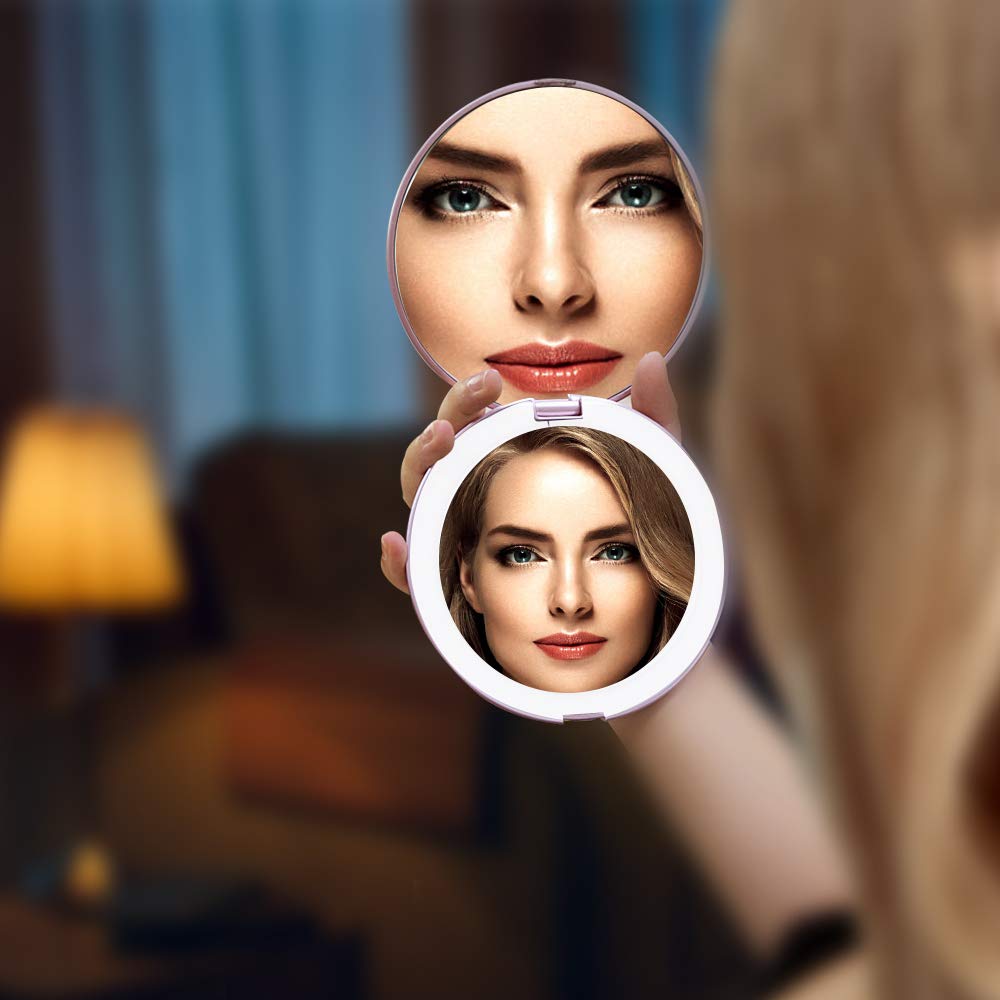 Benbilry LED Lighted Travel Makeup Mirror, 1x/7x Magnification, 5 Inch Dual Sided Vanity Mirror with Lights Portable Compact Illuminated Cosmetic Mirror – Perfect for Handbag Rose Gold