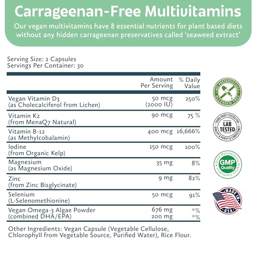 Future Kind Carrageenan-Free Foundations Multivitamin for Women & Men with Omega-3, B12, D3, Zinc, Iodine, Magnesium, K2 & Selenium, Vegan, Compostable Bag (60ct)