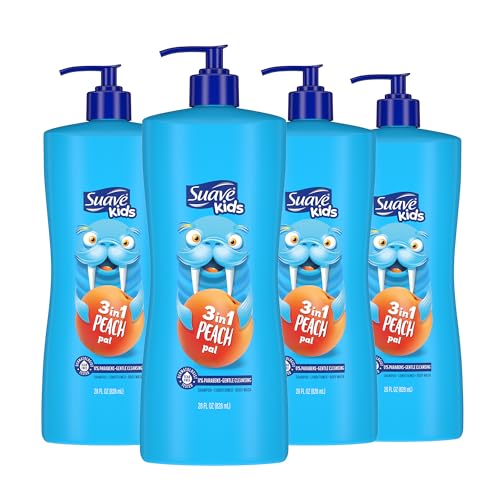 Suave Kids 3-in-1 Tear Free, Body Wash, Shampoo and Conditioners, Dermartologist Tested, Peach Pal, 28 Oz Pack of 4