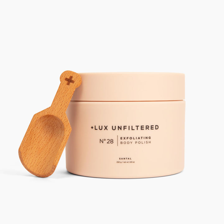 + Lux Unfiltered N°28 Exfoliating Body Polish in Santal, Hydrating and Moisurizing Sugar Scrub, Gluten Free, Vegan + Cruelty Free Exfoliating Soap