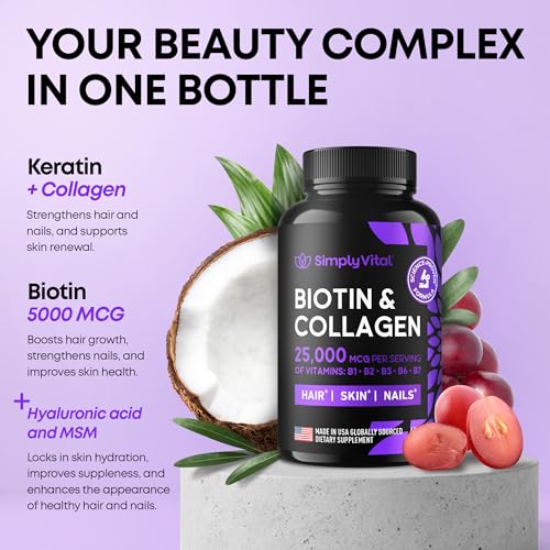 Biotin and Collagen Supplements with Keratin - Hair Vitamins - Hair Skin & Nails Vitamins with Biotin, Collagen, B Complex - Made in USA - Biotin Supplement for Strong Hair, Skin & Nails - 60 Capsules