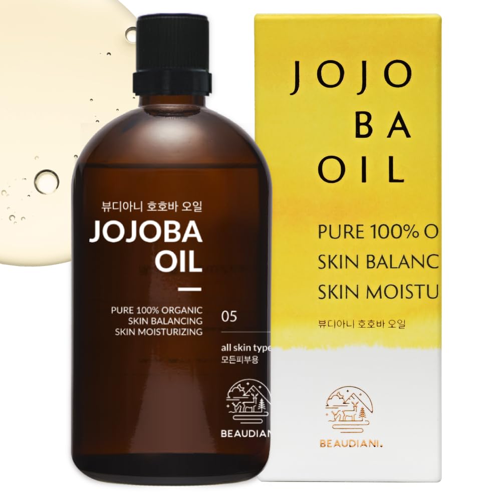 BEAUDIANI Organic jojoba Oil 100ml 100% Pure Organic Natural Golden Oil Cold Pressed Virgin, Korean Skin Care jojoba Oil for Skin, face, Body, Hair, Nail, Cuticle, Vitamin E Oil, Israel Origin