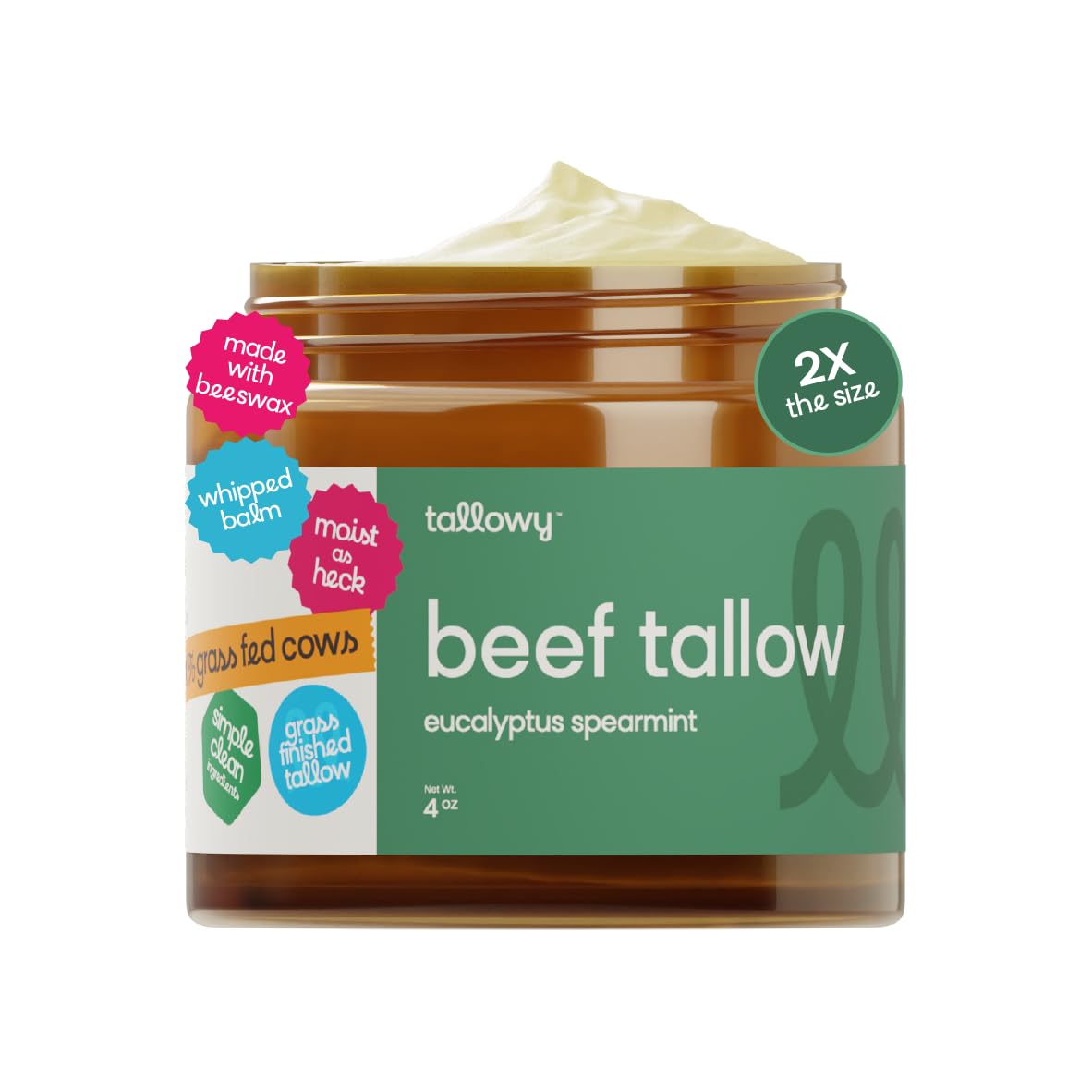 Whipped Beef Tallow Balm, 4oz, 100% Grass Fed Grass Finished, Face Moisturizer & Body Cream, Beef Fat Lip Balm & Natural Honey Lotion for Sensitive Skin (4oz, Eucalyptus Spearmint)