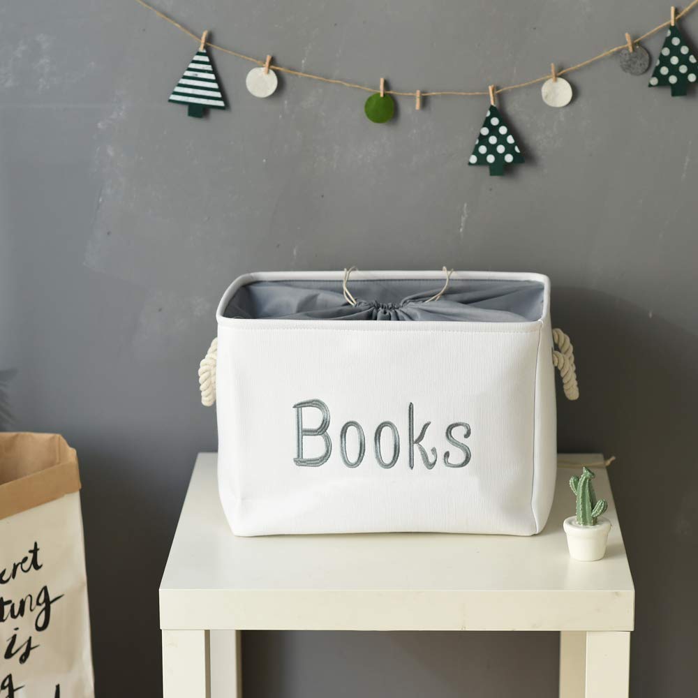 INough Book Basket for Kids Room, Book Storage Basket Book Organizer for Nursery Room Classroom Library Book Storage Box Collapsible Book Bins with Drawstring Closure for Cartoon Book Reading