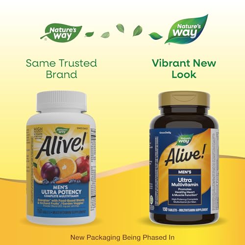 Nature's Way Alive! Men's Daily Ultra Multivitamin, Promotes Healthy Heart & Muscle Function*, with B-Vitamins Including Methylated B12, Gluten Free, 150 Tablets (Packaging May Vary)