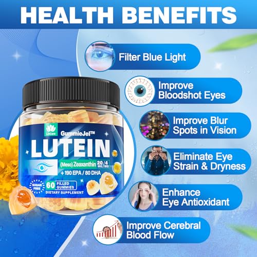 Sugar Free Lutein 20mg 40mg and Zeaxanthin Gummies for Eyes with Omega 3 (EPA 190mg & DHA 80mg), Eye Vitamins Filled Gummies Plus Bilberry, Goji Berry & Saffron, Eye Health Supplements - Vegan, 60Cts
