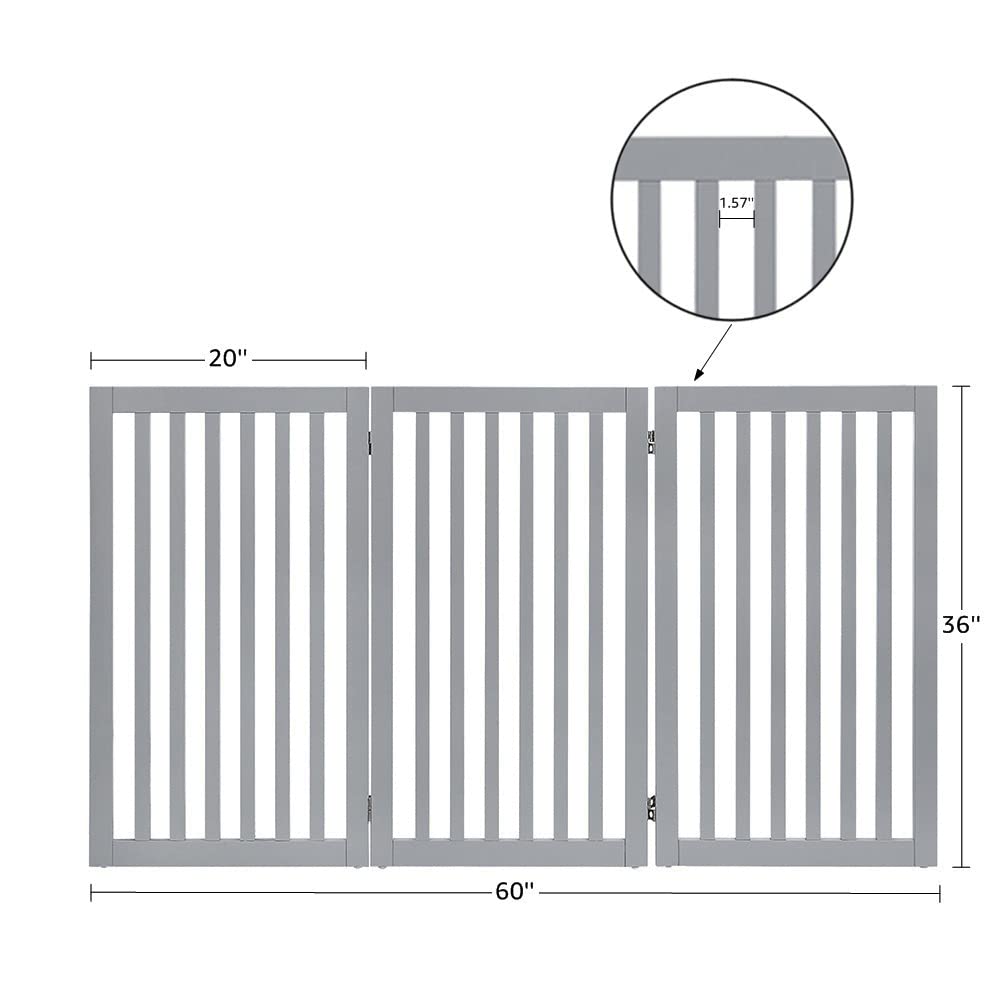 Unipaws Indoor 3 Panels Classic Freestanding Wooden Foldable Pet Gate with Support Feet - Grey, 20 W x 36 H