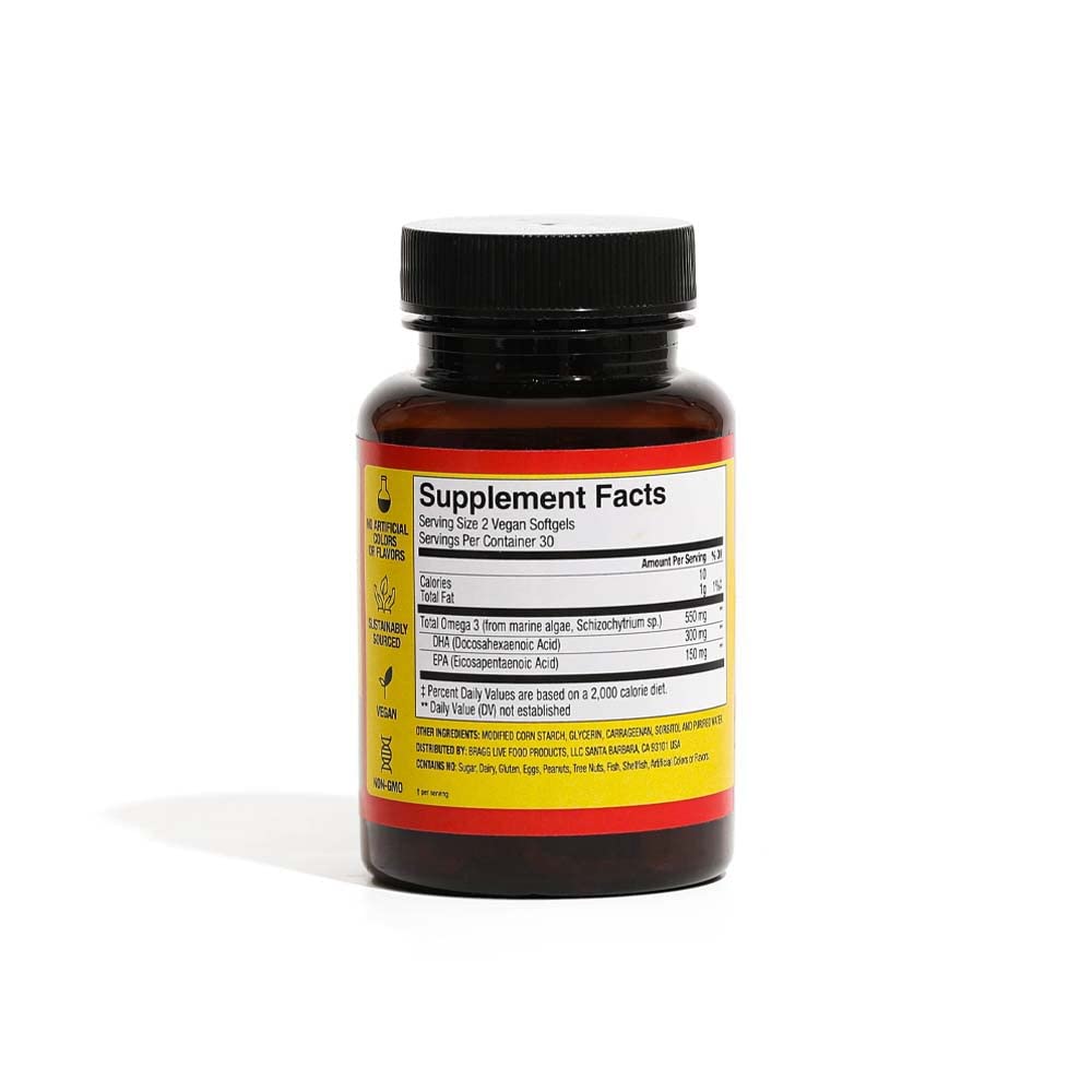 Bragg Marine Algae Vegan Omega-3 Supplement with EPD and DHA Fatty Acids - 60 Softgels - Supports Healthy Heart Function