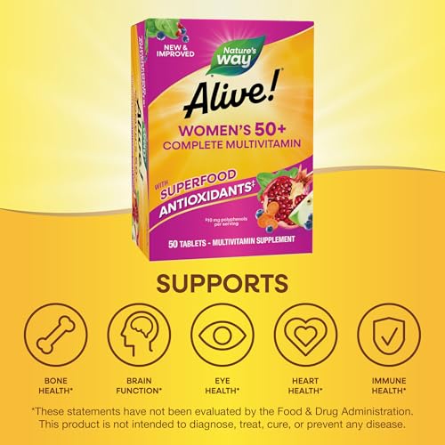 Nature's Way Alive Women's 50+ Complete Multivitamin, Supports Healthy Heart, Brain, Bones*, Superfood Antioxidants**, B-Vitamins, Gluten-Free, 50 Tablets (Packaging May Vary)