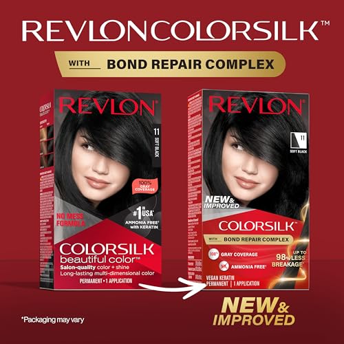 Revlon ColorSilk with Bond Repair Complex, Black Permanent Hair Color, 100% Gray Coverage, Ammonia Free Hair Dye, Vegan Keratin, 11 Soft Black (Pack of 3)