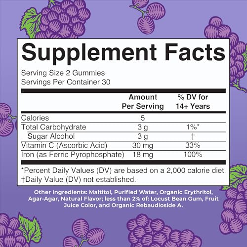 MaryRuth Organics Iron Suppleme nt Gummies for Adults | Sugar Free | Gummy Iron Supplements Vitamin C for Ages 14 | Iron Supplement for Iron Deficiency | Immune Support | Vegan | Non-GMO | 60 Count