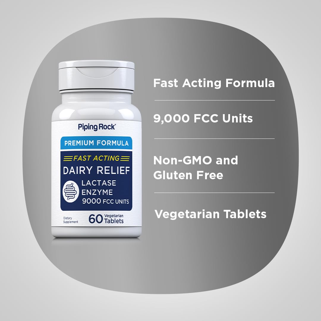 Piping Rock Dairy Relief Lactase Enzyme Tablets | 9000 FCC | 60 Pills | Fast Acting Supplement | Vegetarian, Non-GMO, Gluten Free