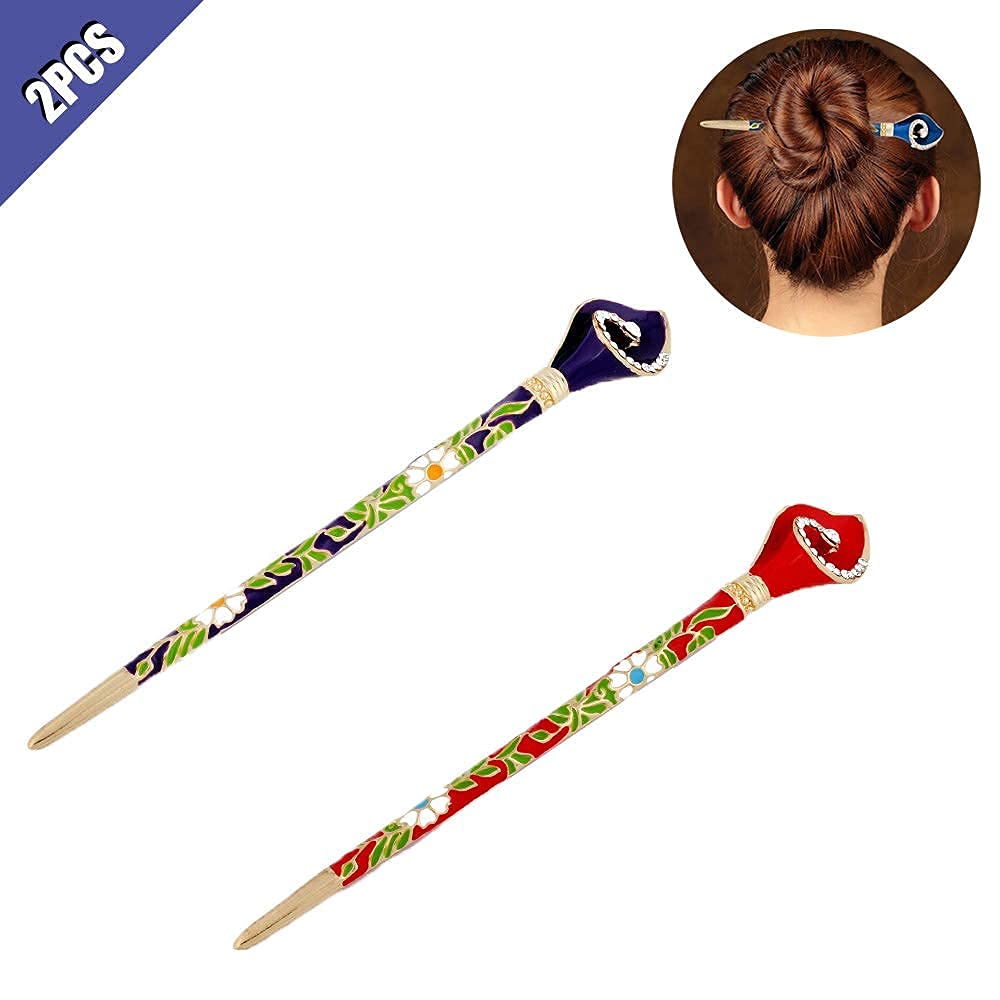 Ximimark Chinese Ethnic Landscape Hair Pin Hair Chopsticks Metal Rhinestone Handmade Hair Stick Hair Clip 2Pcs(Blue&Green)