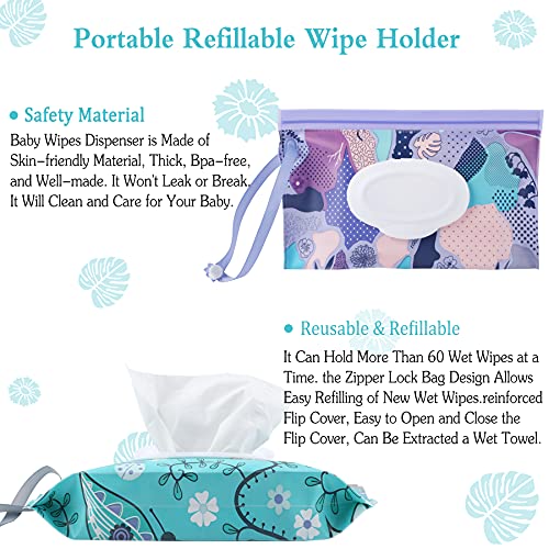 FEBSNOW 2 Pack Baby Wipe Dispenser, Reusable Portable Wipe Holder, Baby Wipes Container, Travel Baby Wipes, Refillable Wet Wipe Pouch (Floral)
